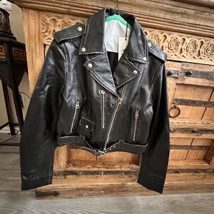 NWT Re/Done Women's Black Leather Long Sleeve Pockets Motorcycle Jacket Size M